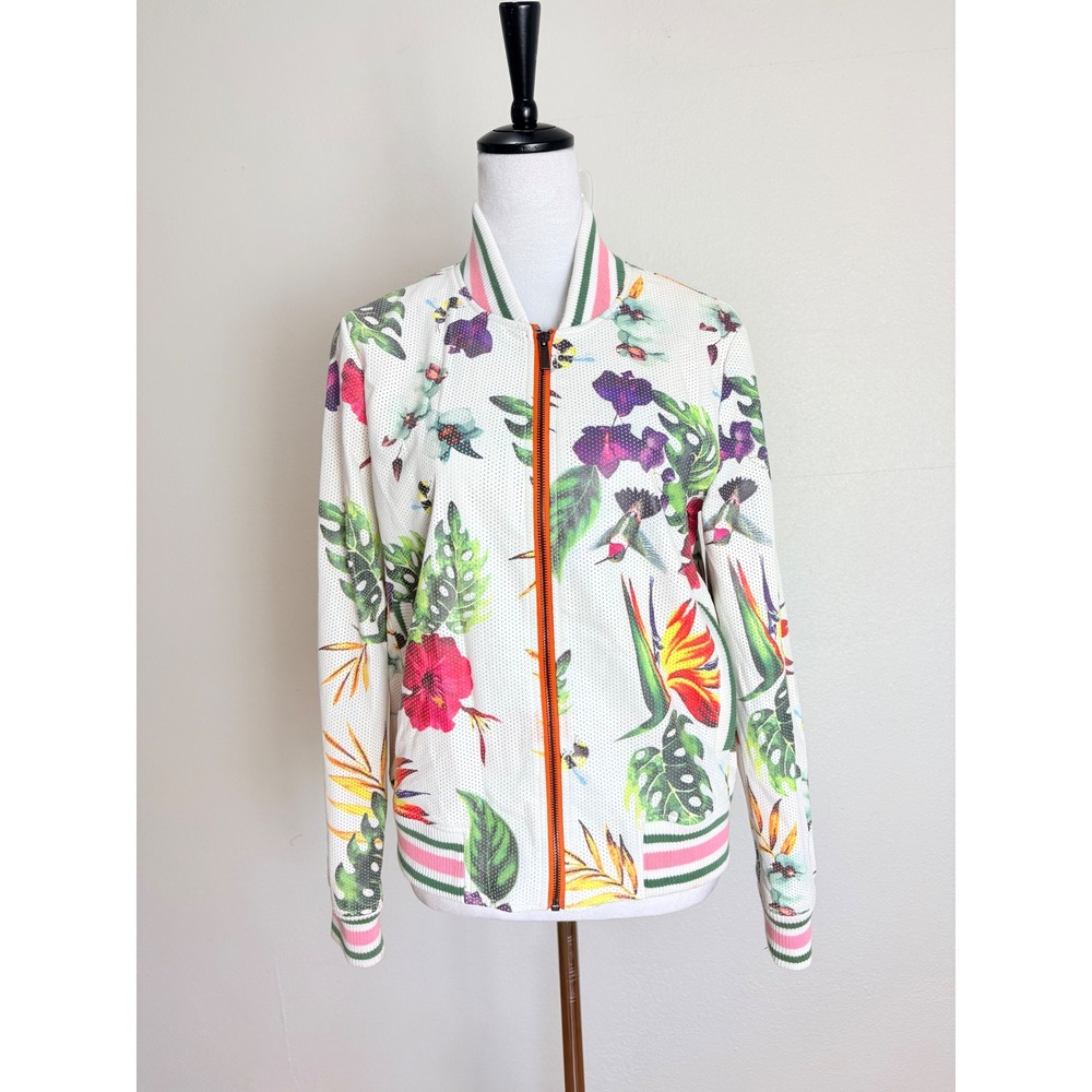 Bagatelle White Faux Leather Tropical Floral Print Bomber Jacket Size Medium